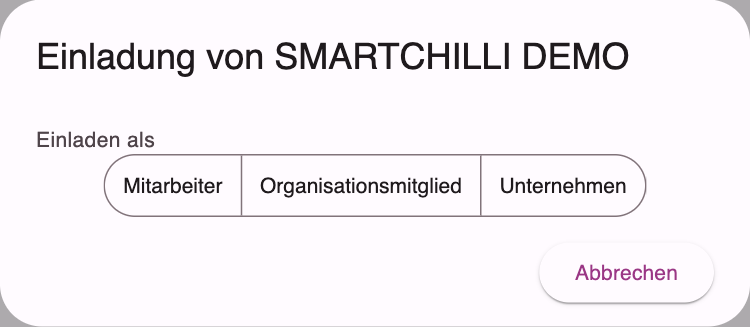Dialog Einladung mit der Auswahl Mitarbeiter, Organisationsmitglied oder Unternehmen