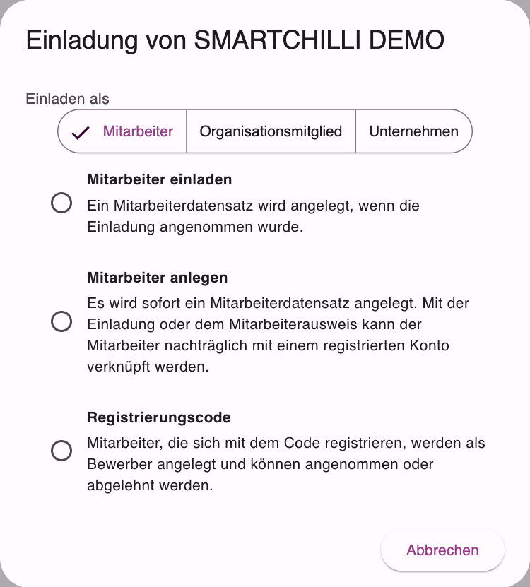 Optionen Mitarbeiter einladen, Mitarbeiter anlegen und Registrierungscode