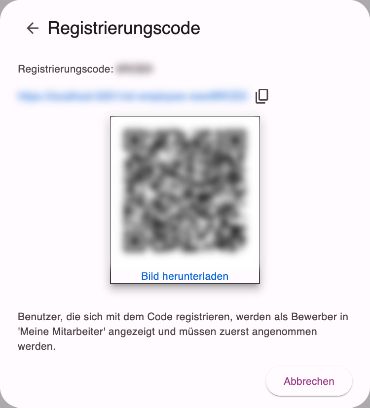 Registrierungscode mit Link, QR-Code und Hinweis auf die Anmeldung als Bewerber
