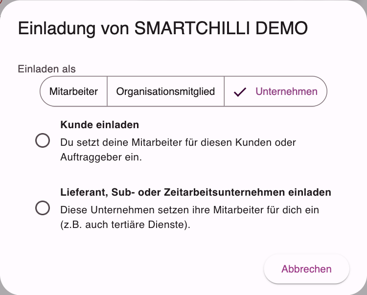 Auswahl Kunde einladen oder Lieferant, Sub- oder Zeitarbeitsunternehmen einladen