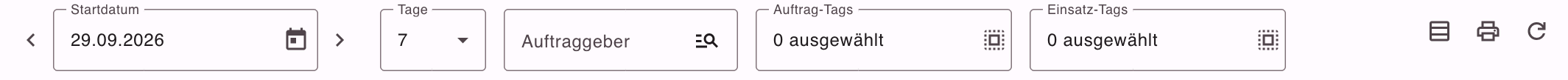 Filterbereich des Einsatzplans mit Startdatum, Tage, Auftraggeber, Auftrag-Tags und Einsatz-Tags