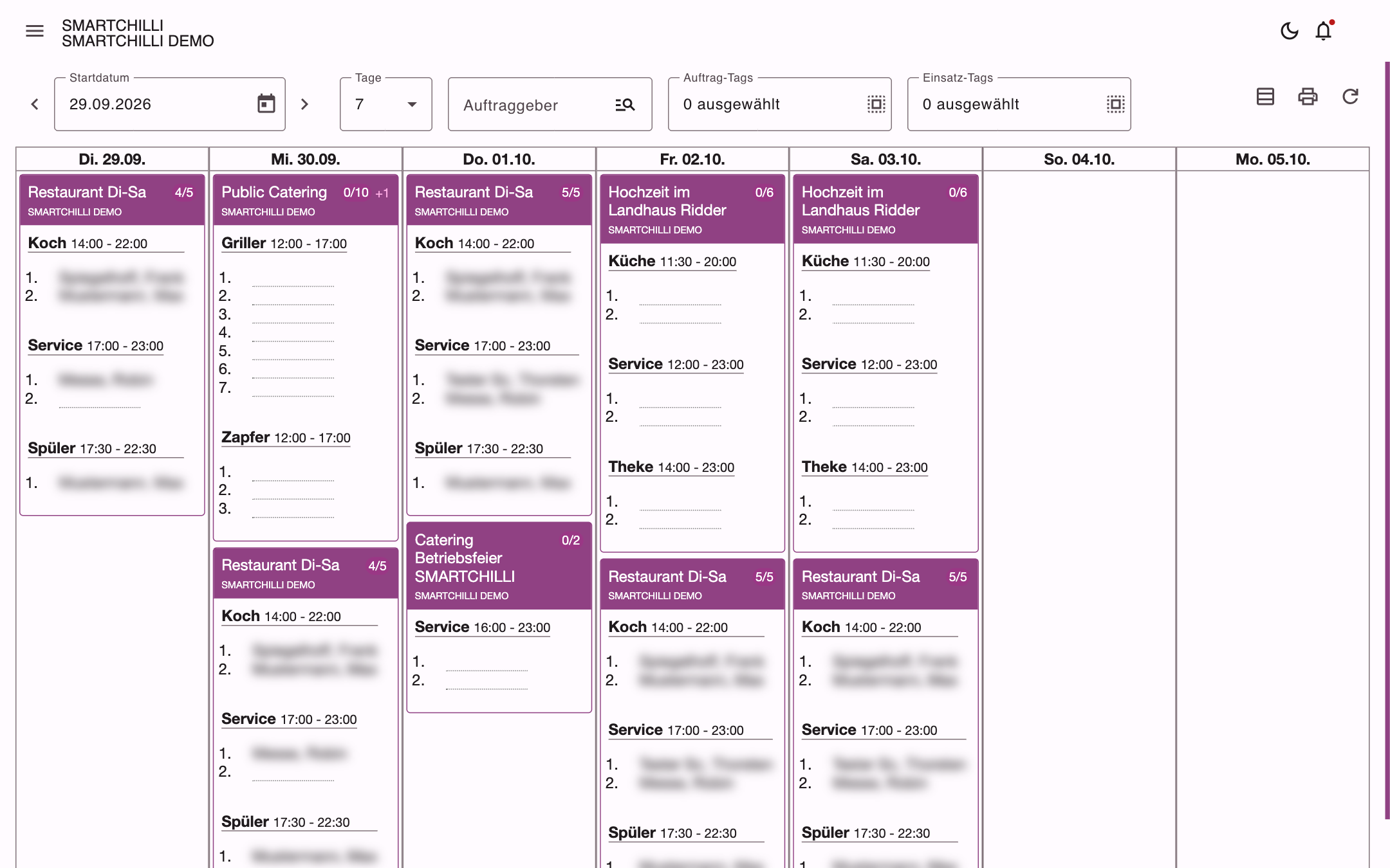 Einsatzplan mit Startdatum, Tagen, Filtern und den Aufträgen je Tag mit Einsätzen, eingeteilten Mitarbeitern und freien Plätzen