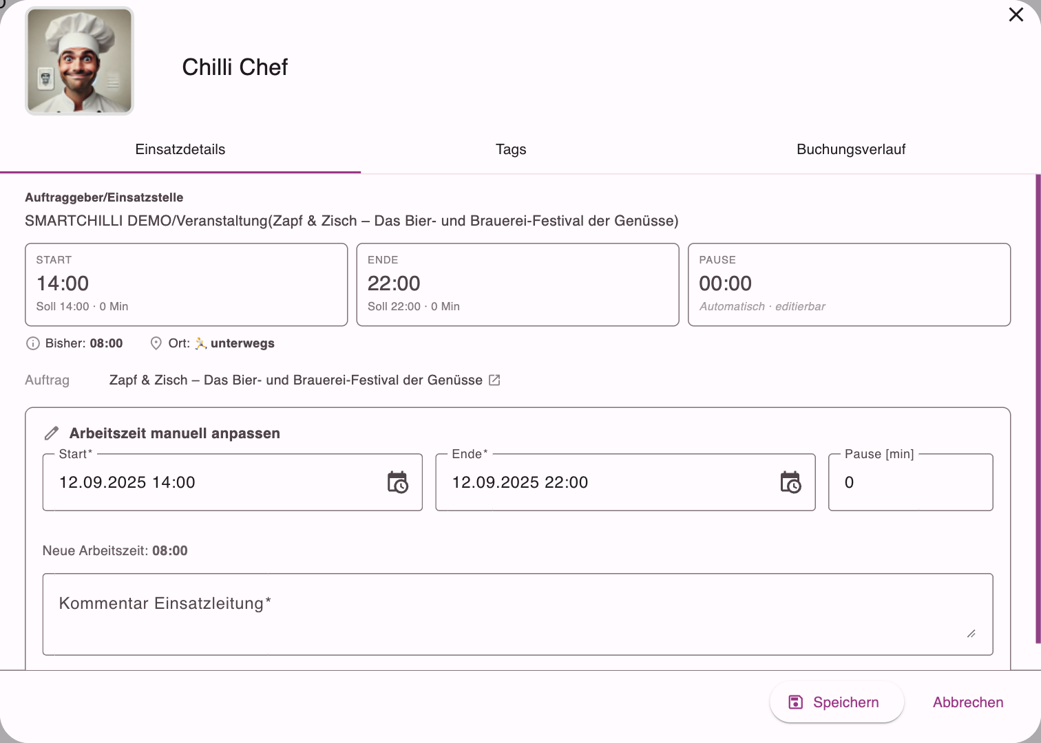 Einsatzdetails nach Klick auf Bearbeiten mit den Feldern Start, Ende, Pause und Kommentar Einsatzleitung