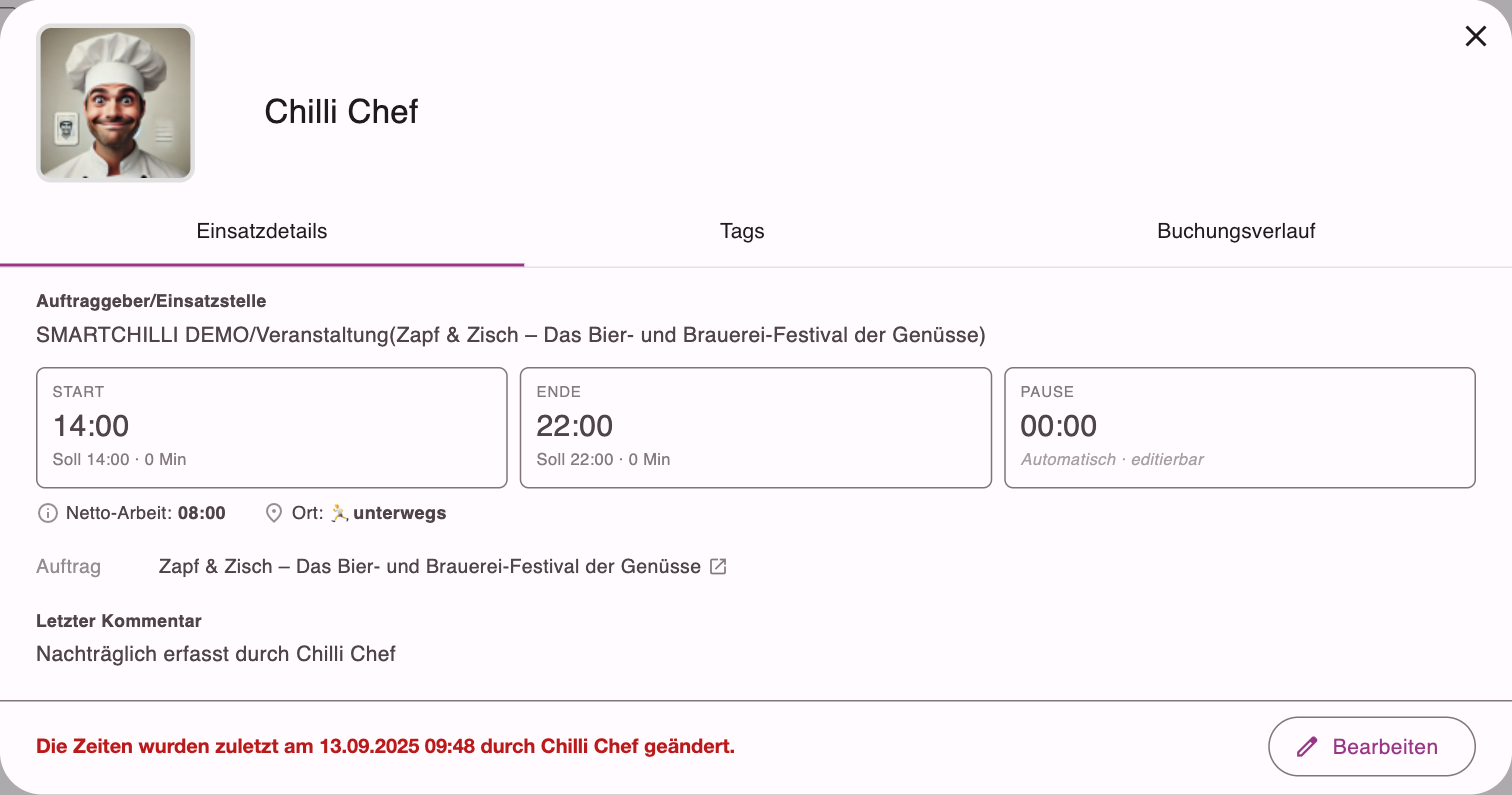 Einsatzdetails mit Start, Ende, Pause, Netto-Arbeit, Ort und dem Knopf Bearbeiten