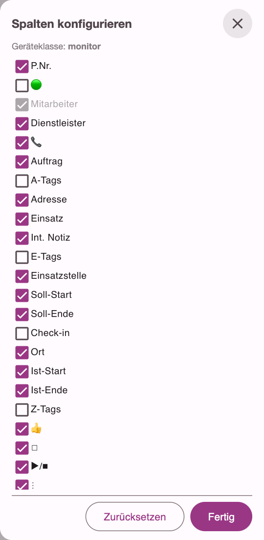 Seitenleiste Spalten konfigurieren mit Kästchen je Spalte sowie Zurücksetzen und Fertig