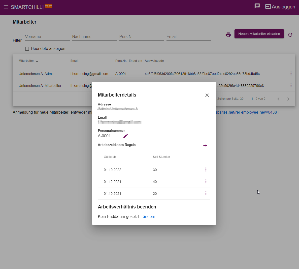 Mitarbeiterdetails mit Einstellungen zu Personalnummer und Austrittsdatum