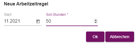 Formular zum Anlegen einer neuen Arbeitszeitregel mit Sollstunden ab einem bestimmten Zeitpunkt