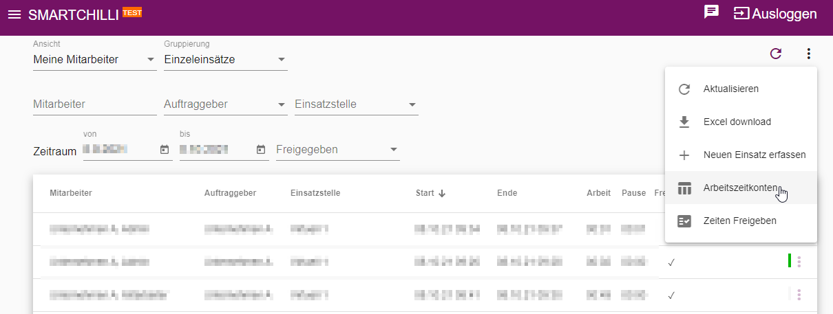 Tabellenübersicht der Arbeitszeitkonten mit Personalnummer, Soll-Zeit, Arbeitszeit, Korrekturen, Übertrag, Auszahlung und Saldo