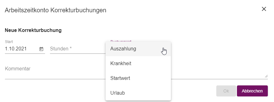 Formular zum Anlegen einer Korrekturbuchung mit Datum und Kommentar