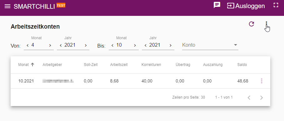 Ansicht der Korrekturen im Arbeitszeitkonto unter Meine Zeiten aus Sicht des Mitarbeiters