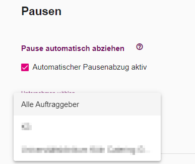 Einstellung "Automatischer Pausenabzug aktiv" mit Auswahl der Konstellation
