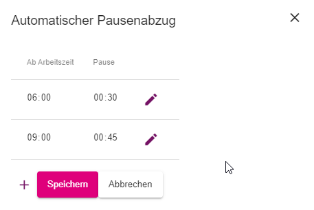 Beispiel für zwei hinterlegte Pausenregeln ab 6 und ab 9 Stunden Arbeitszeit