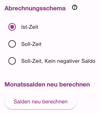 Bereich Arbeitszeitkonten mit Abrechnungsschema und Salden neu berechnen