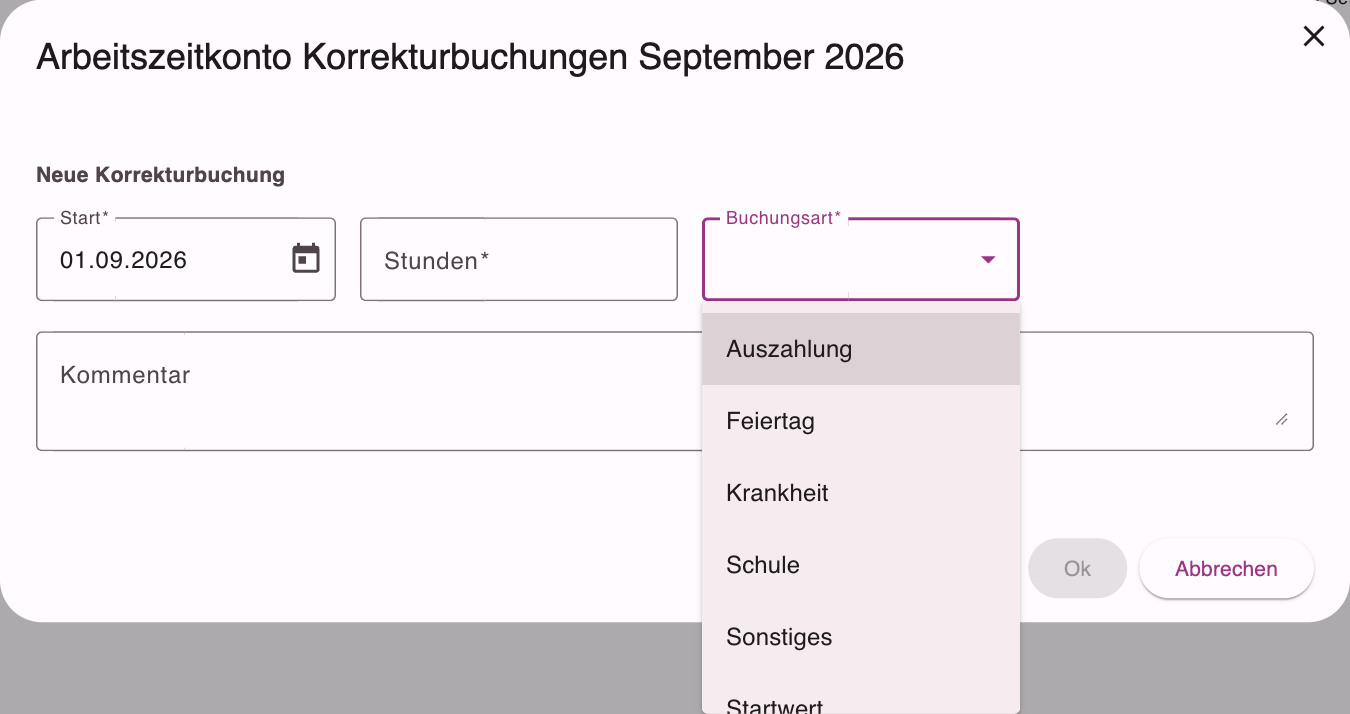 Formular Neue Korrekturbuchung mit Start, Stunden, geöffneter Buchungsart und Kommentar