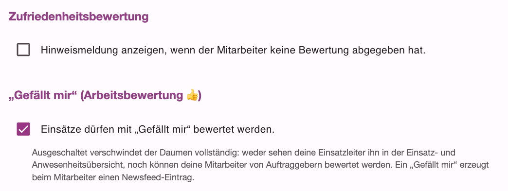 Einstellungen Zufriedenheitsbewertung und Gefällt mir