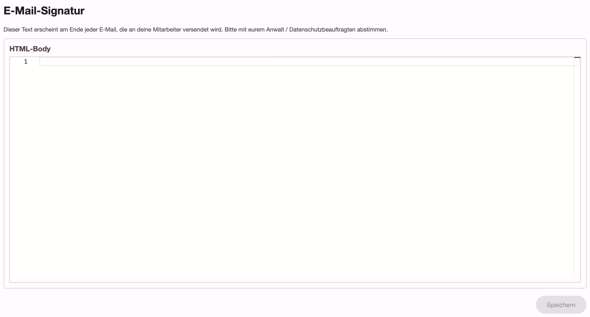 Abschnitt E-Mail-Signatur in den Einstellungen mit HTML-Editor und Knopf Speichern