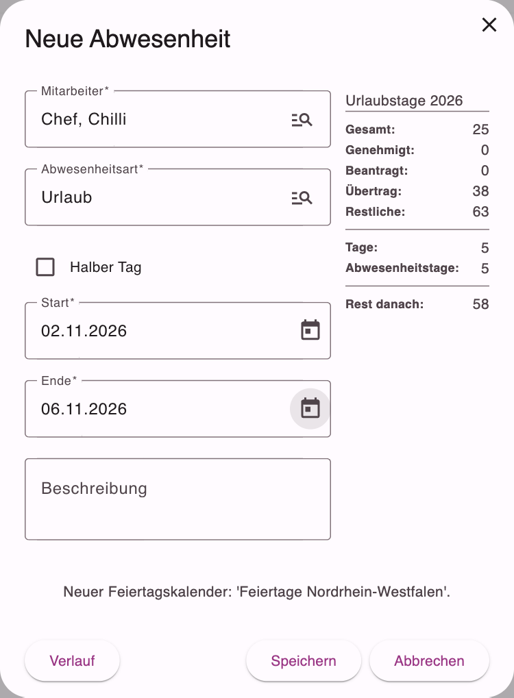 Dialog Neue Abwesenheit mit Mitarbeiter, Abwesenheitsart, Halber Tag, Start, Ende, Beschreibung und Urlaubstage-Übersicht
