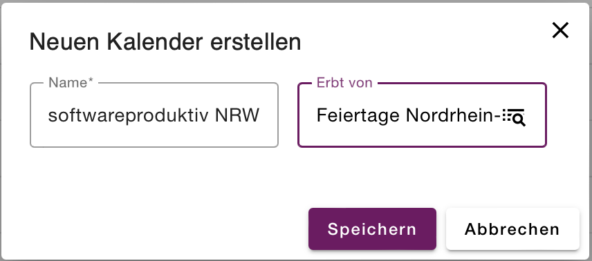 Formular "Neuen Kalender erstellen" mit den Feldern Name und Erbt von