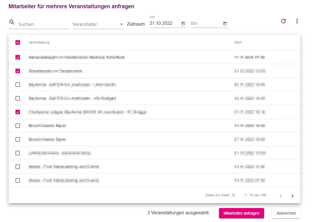 Auswahl der Veranstaltungen für die Mehrfachanfrage