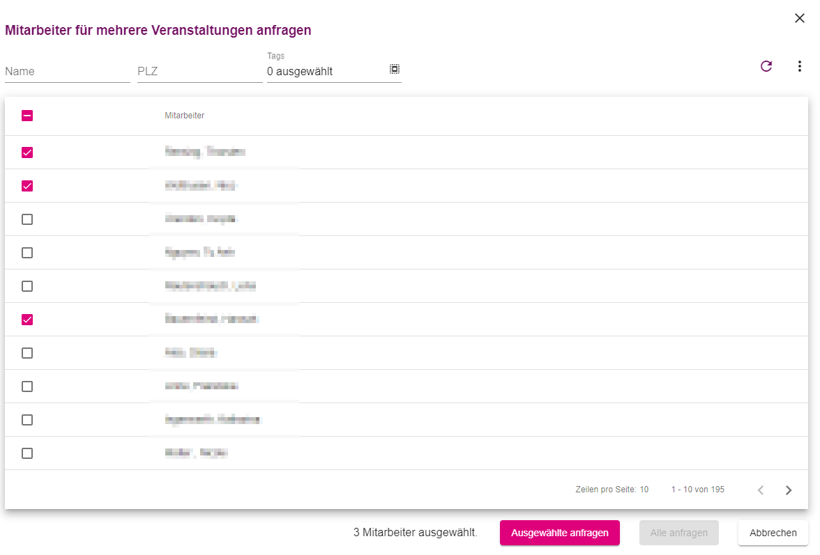 Dialog zum Anfragen der Mitarbeiter