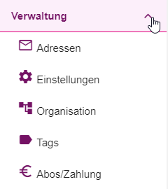 Dropdown-Menü Verwaltung mit den Menüpunkten der Unternehmensorganisation