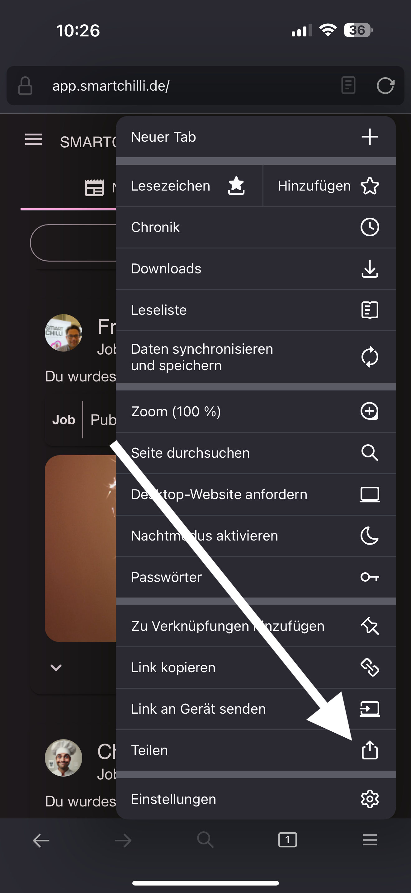 Firefox-Menü mit der Option Teilen
