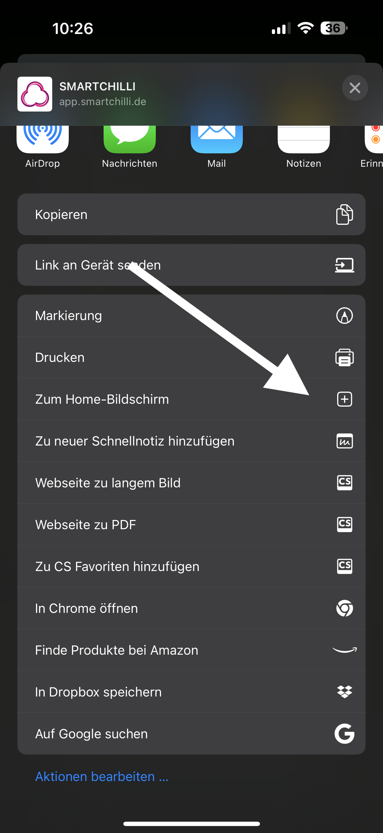 Dialog zum Hinzufügen von SMARTCHILLI zum Home-Bildschirm in Firefox