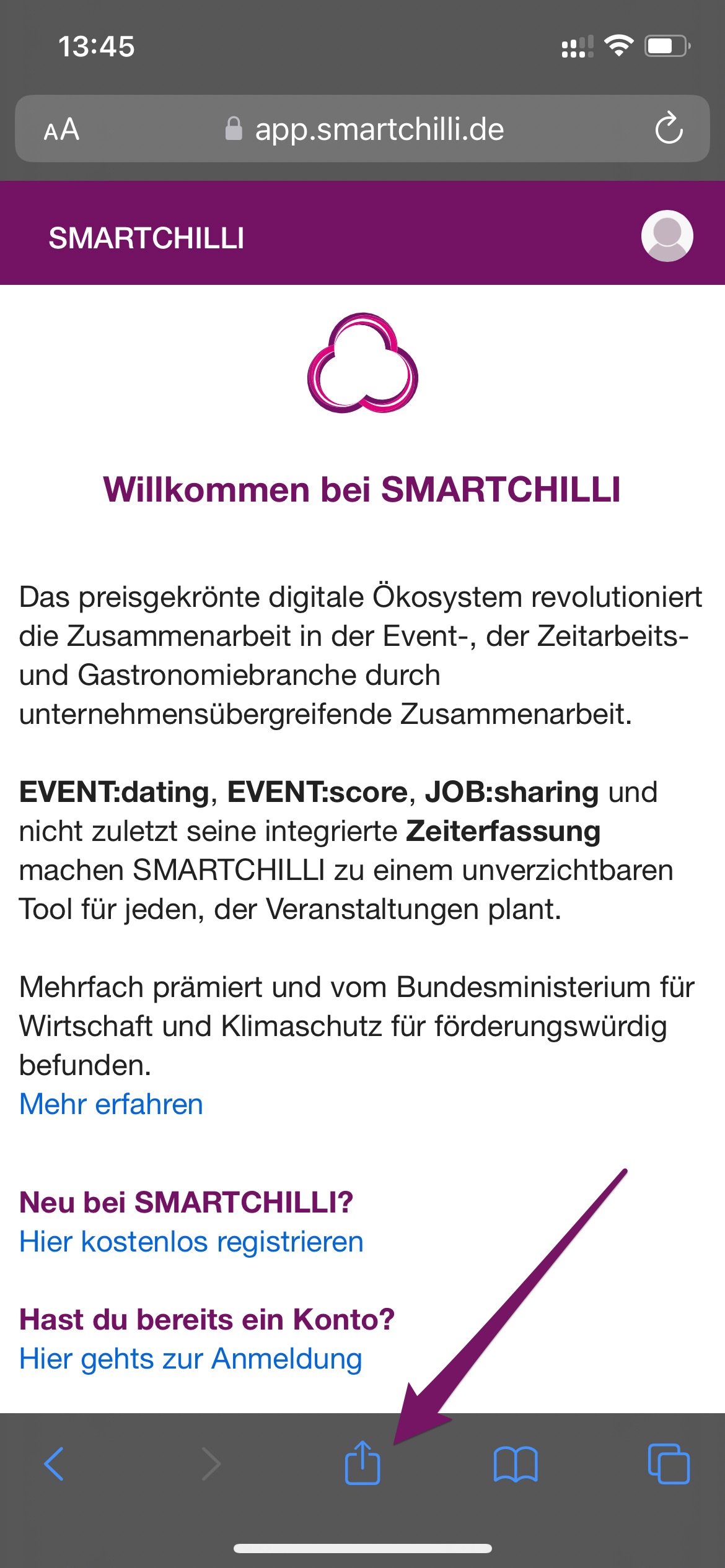 Safari-Menü mit dem Teilen-Icon zum Öffnen der Freigabeoptionen
