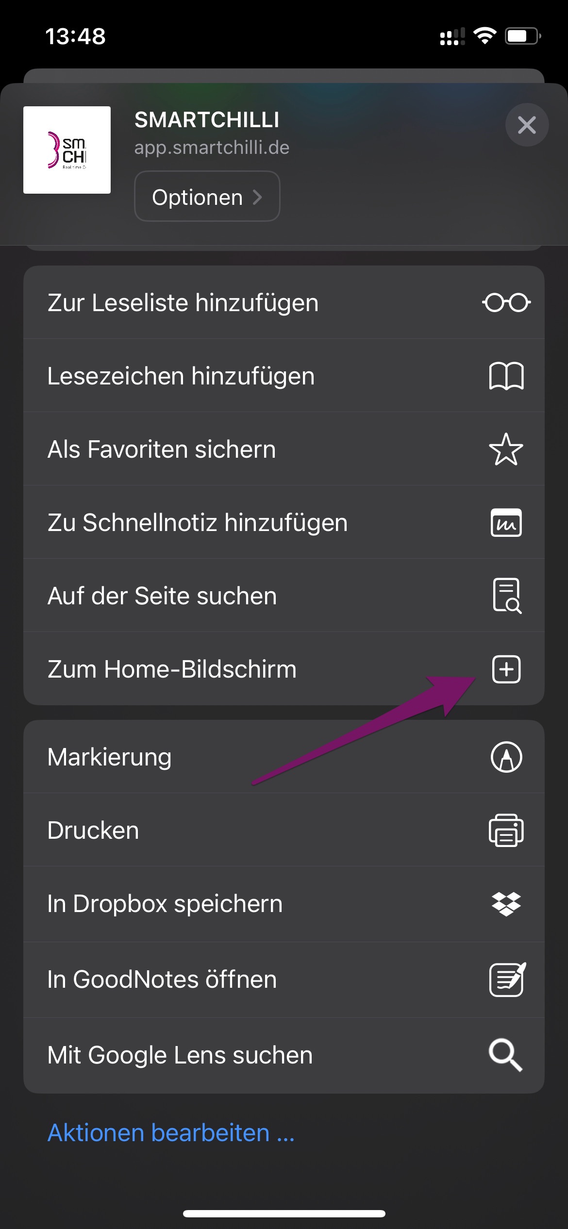 Freigabemenü mit der Option Zum Home-Bildschirm