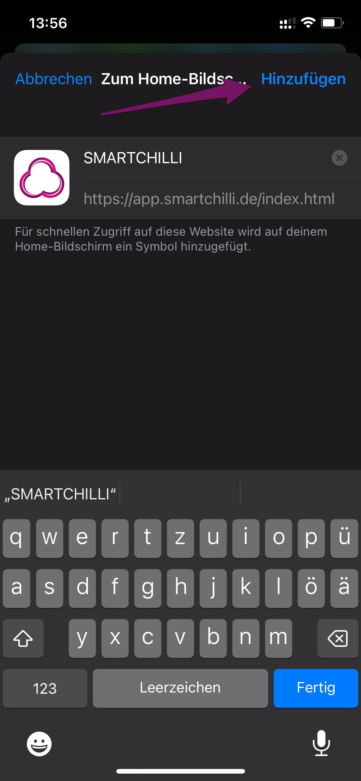 Bestätigungsdialog zum Hinzufügen von SMARTCHILLI auf dem Home-Bildschirm