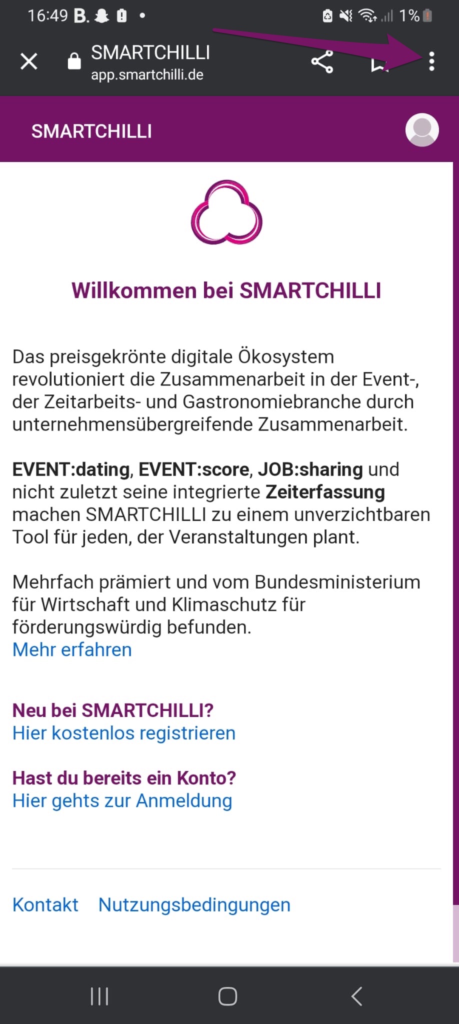 Android-Browsermenü mit den drei Punkten oben rechts