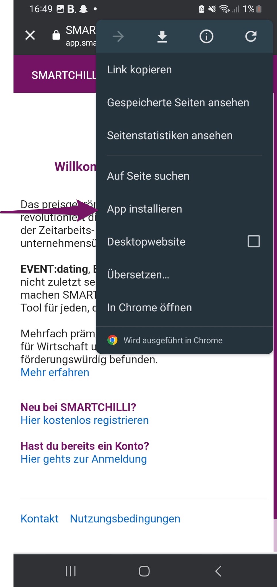 Android-Menü mit der Option App installieren
