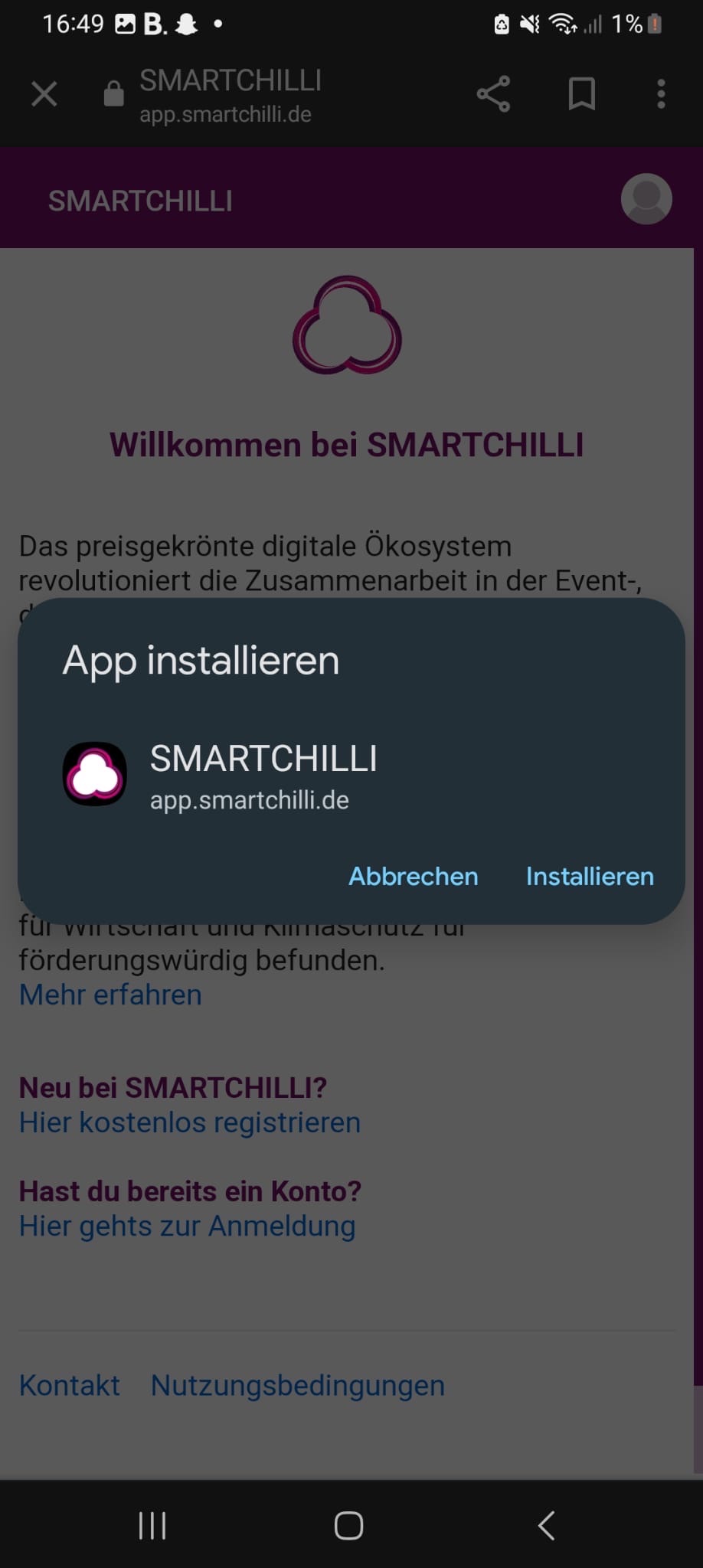 Bestätigungsdialog zum Installieren der SMARTCHILLI-App