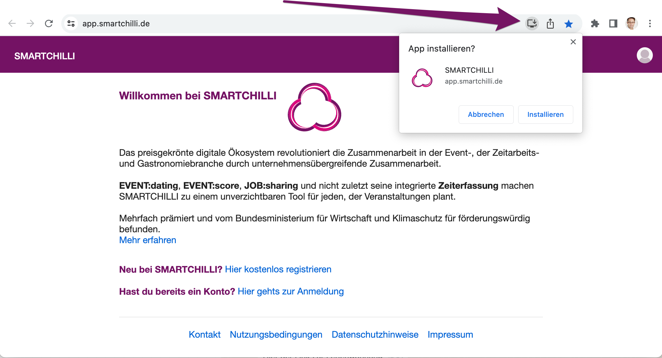 Installationsdialog für SMARTCHILLI in Chrome bzw. Edge auf dem Desktop