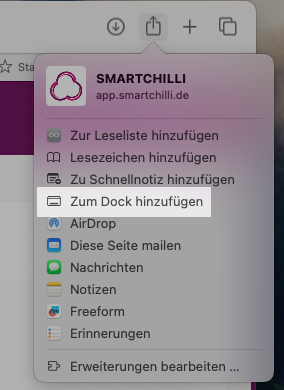 Safari-Menü zum Hinzufügen von SMARTCHILLI zum Dock unter macOS Sonoma