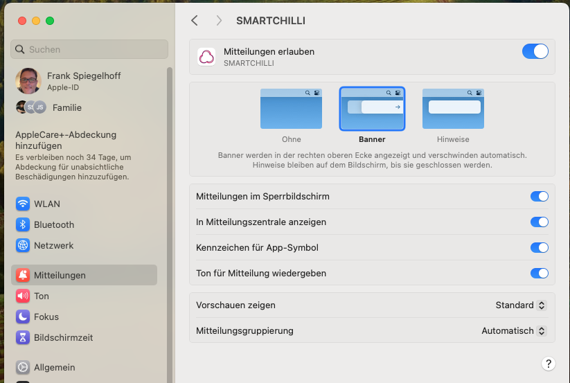 macOS-Dialog zum Erlauben von Mitteilungen für SMARTCHILLI