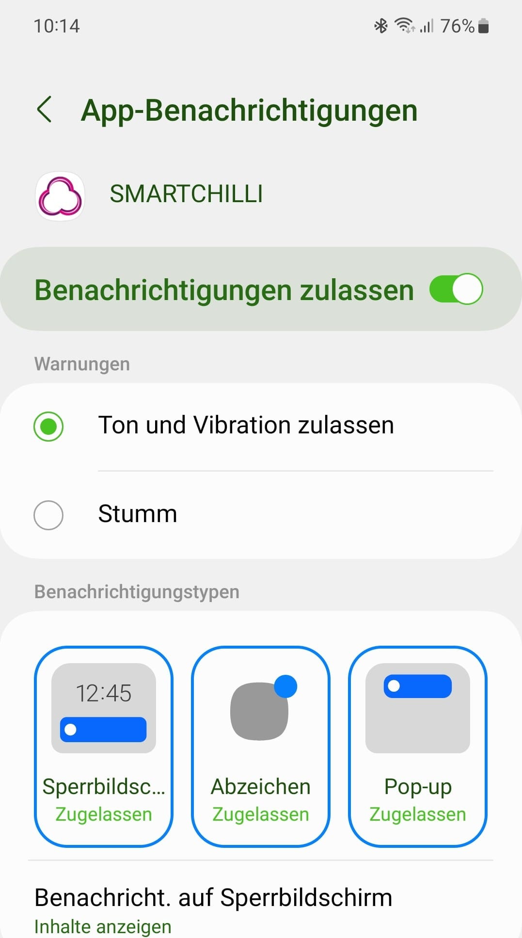 Android-Benachrichtigungseinstellungen für SMARTCHILLI