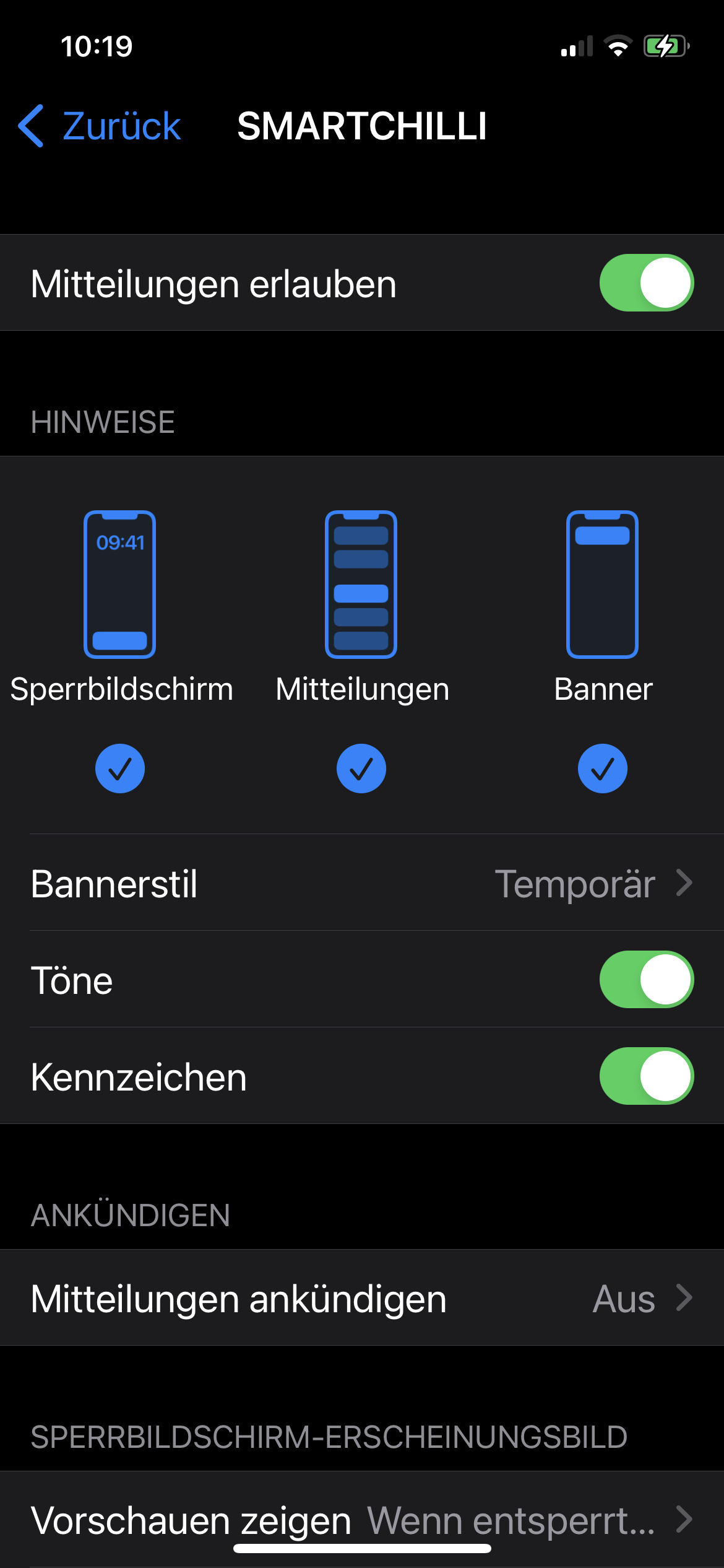 iOS-Mitteilungseinstellungen für SMARTCHILLI