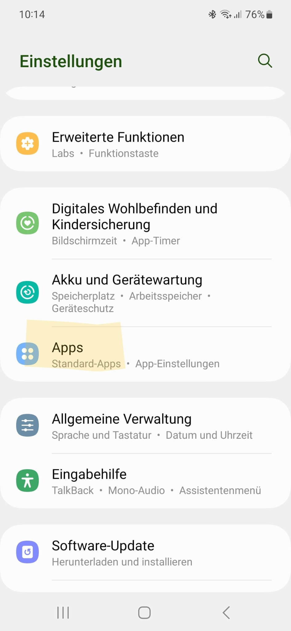 Android-Einstellungen mit dem Menüpunkt Apps
