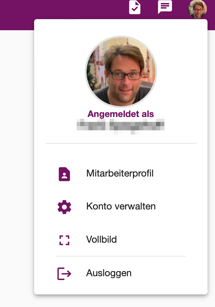 Profilmenü oben rechts mit dem Eintrag Konto verwalten