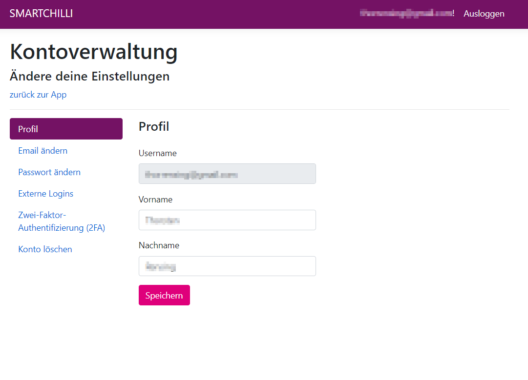 Ansicht der Kontoverwaltung mit Username, Vorname und Nachname