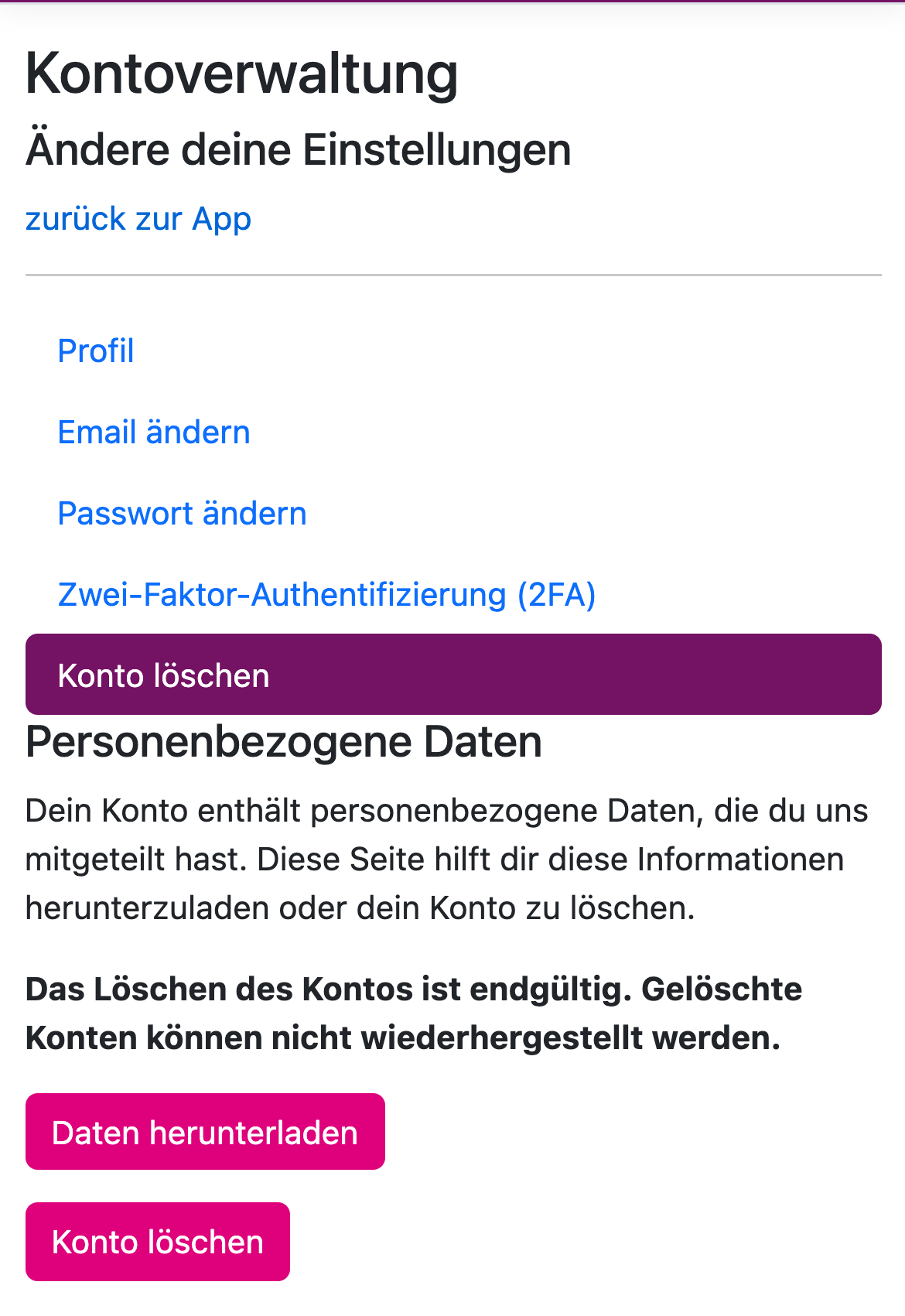 Seite Personenbezogene Daten mit den Knöpfen Daten herunterladen und Konto löschen
