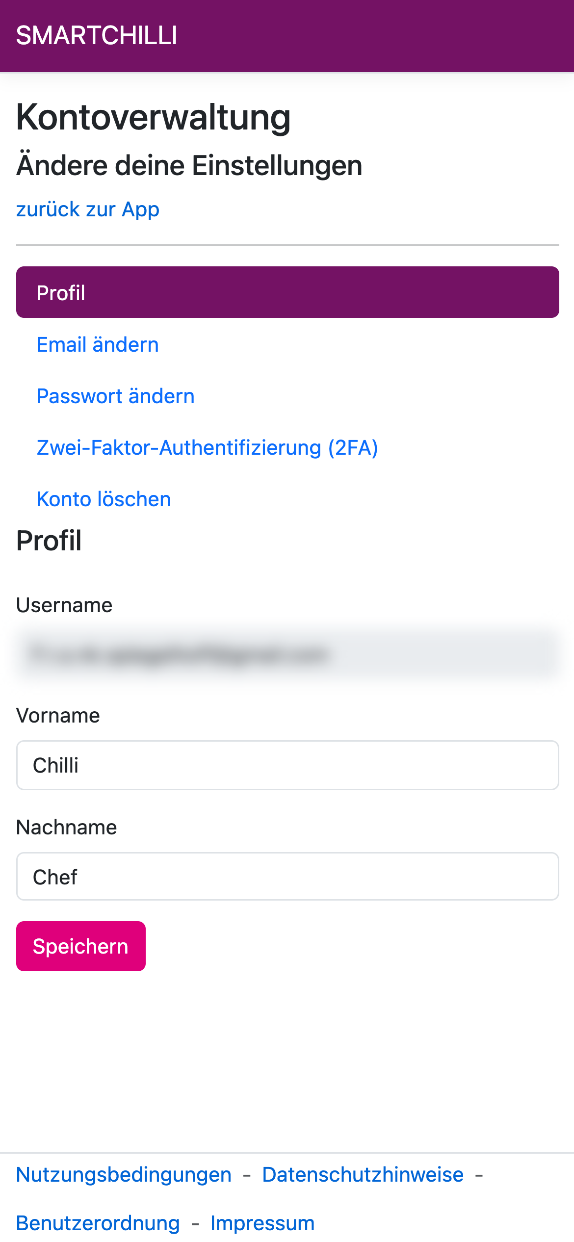 Kontoverwaltung mit den Menüpunkten Profil, Email ändern, Passwort ändern, Zwei-Faktor-Authentifizierung und Konto löschen sowie Username, Vorname und Nachname