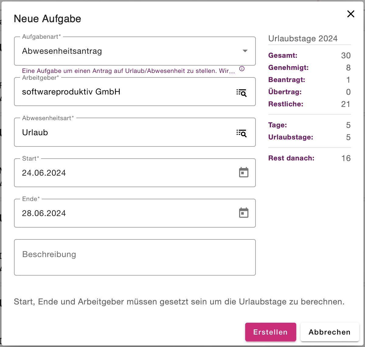 Formular für einen neuen Abwesenheitsantrag mit Urlaubsübersicht