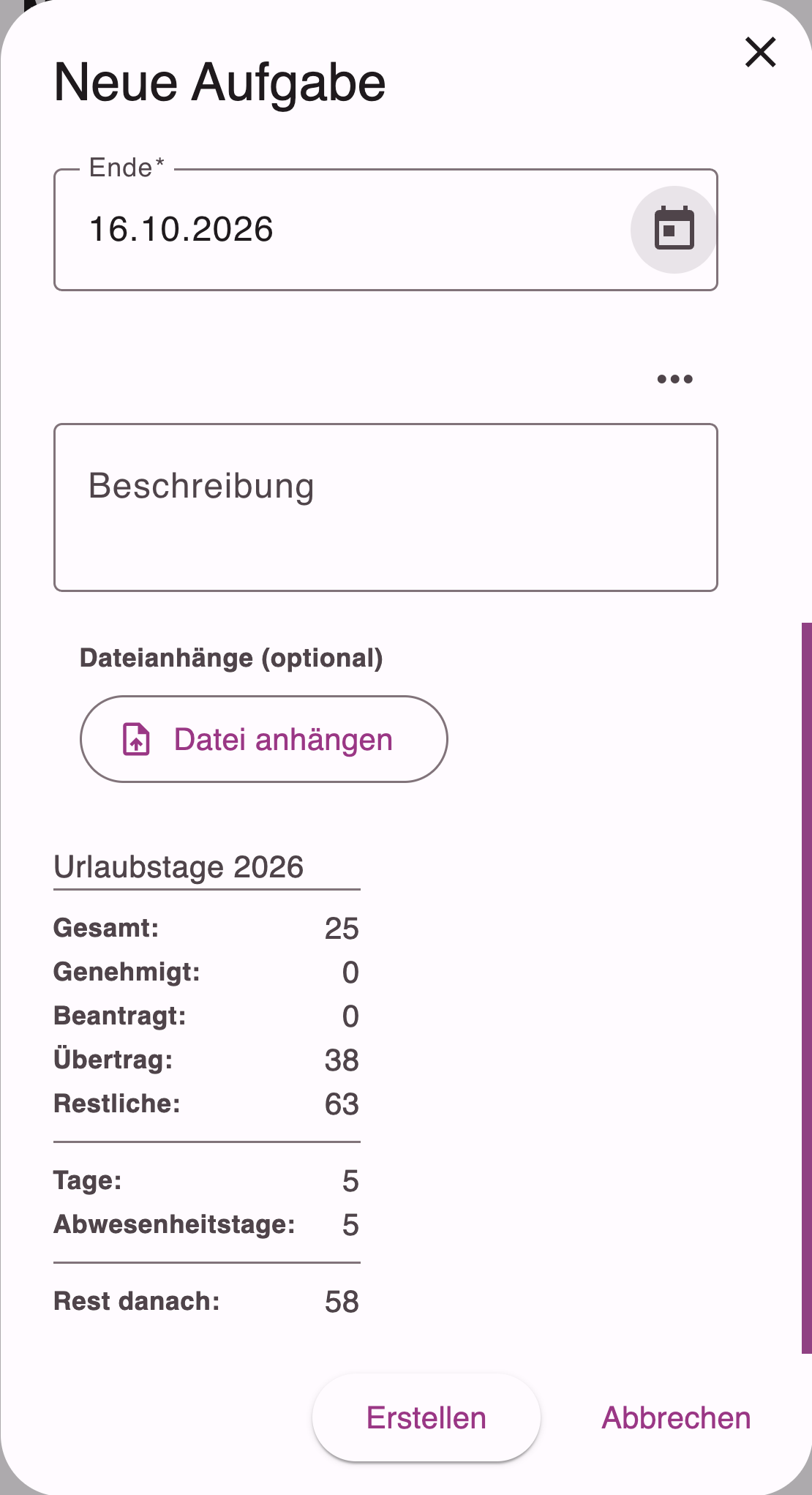 Neuer Abwesenheitsantrag mit Urlaubstagen des Jahres, berechneten Tagen und Rest danach