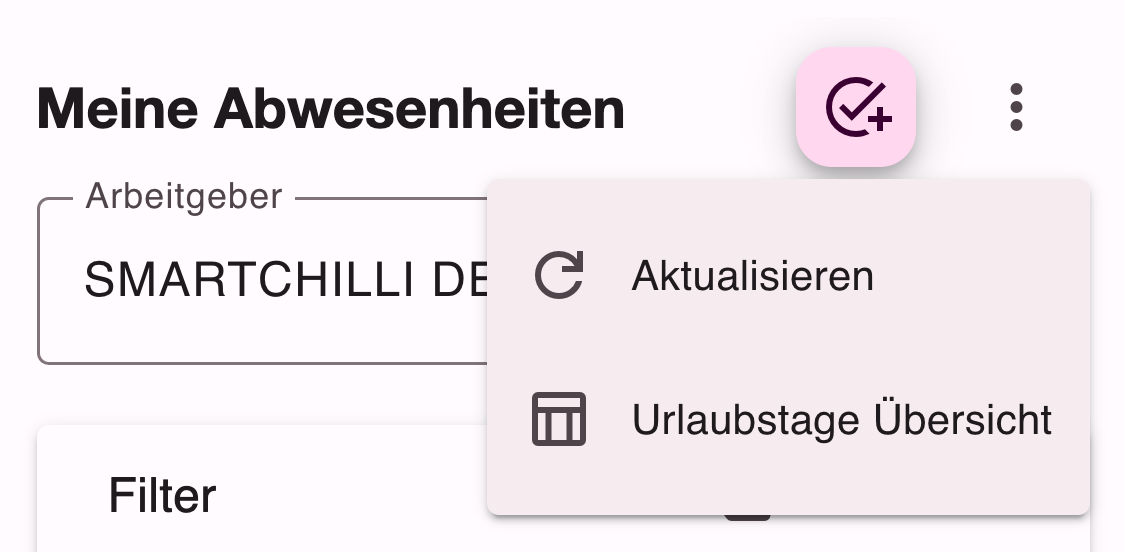Menü Weitere Aktionen mit Aktualisieren und Urlaubstage Übersicht