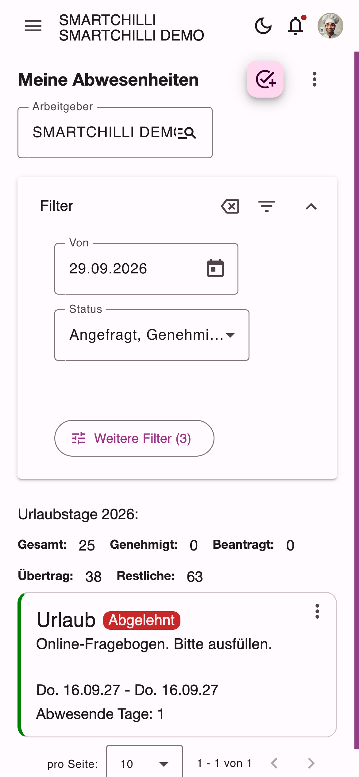Meine Abwesenheiten mit Arbeitgeber, aufgeklapptem Filter, Urlaubstagen und einer Abwesenheit