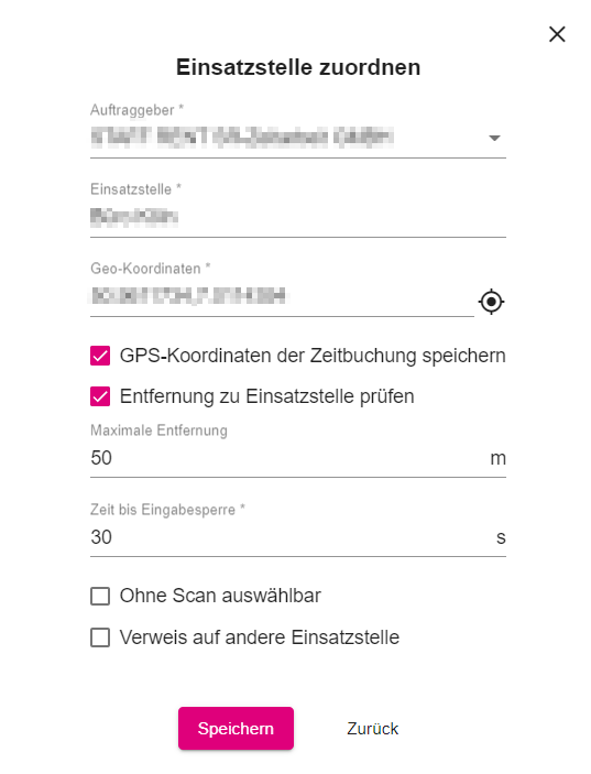 Formular zur Programmierung einer Einsatzstelle mit Auftraggeber, Name und GPS-Optionen