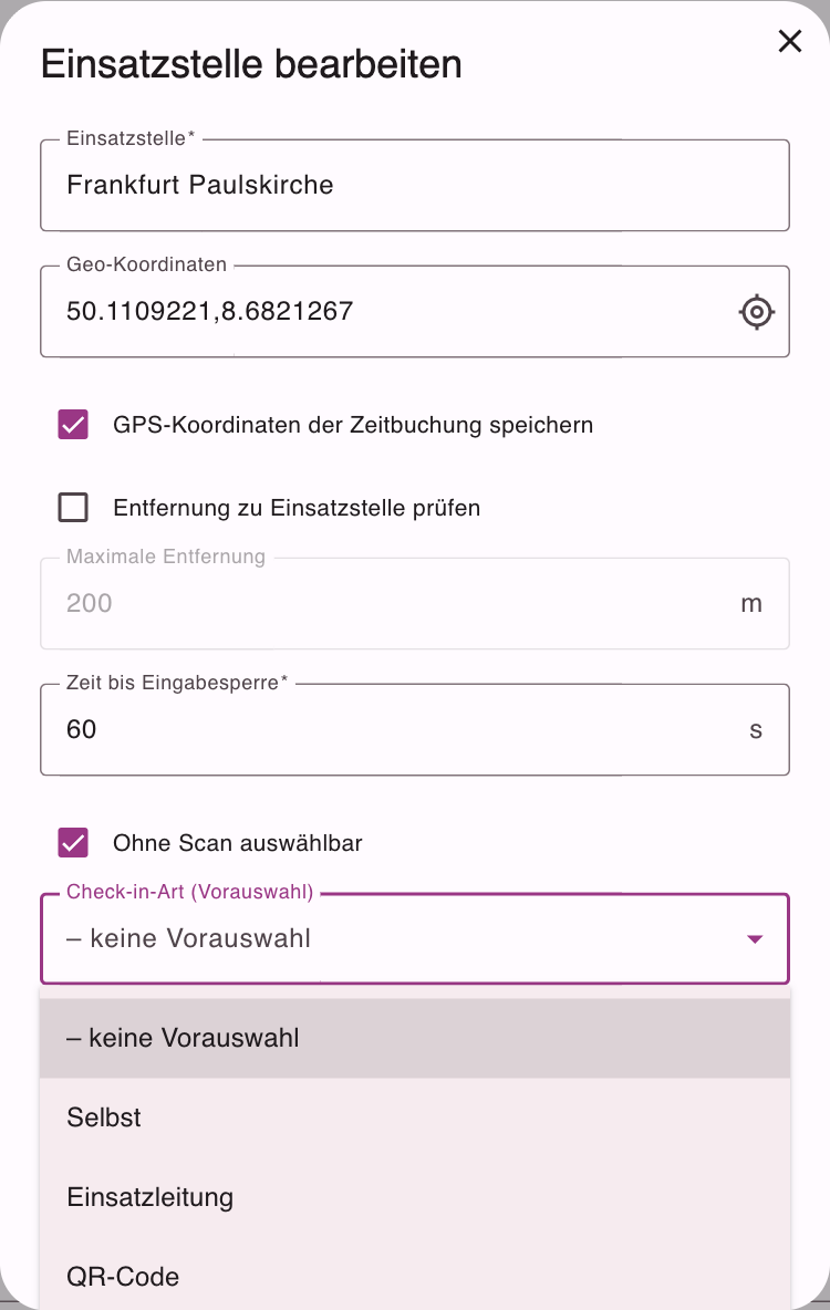 Auswahlfeld Check-in-Art (Vorauswahl) mit den Möglichkeiten keine Vorauswahl, Selbst, Einsatzleitung und QR-Code