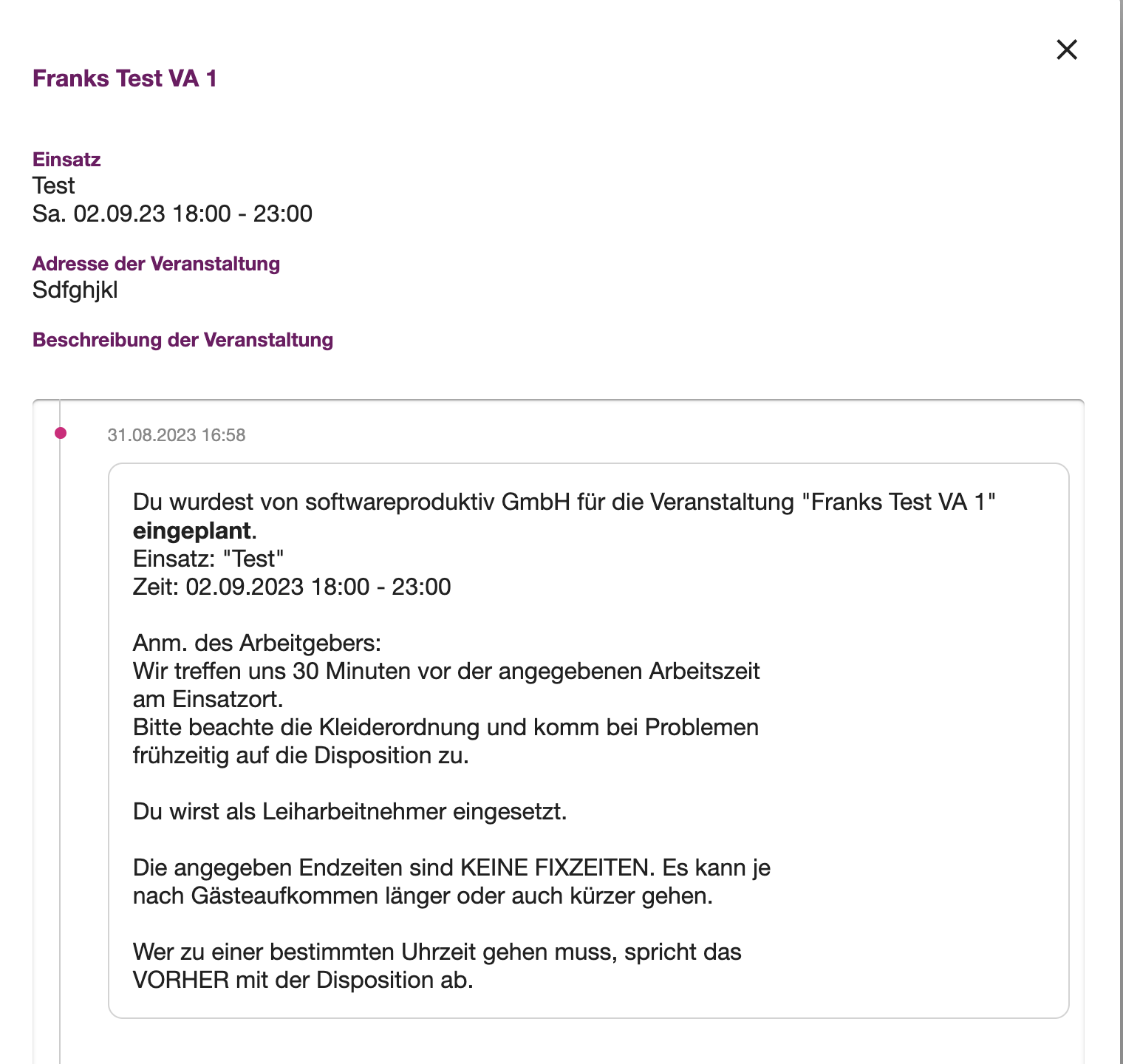 Detailansicht eines Jobs mit Einsatzort, Einsatzzeit und Benachrichtigungen